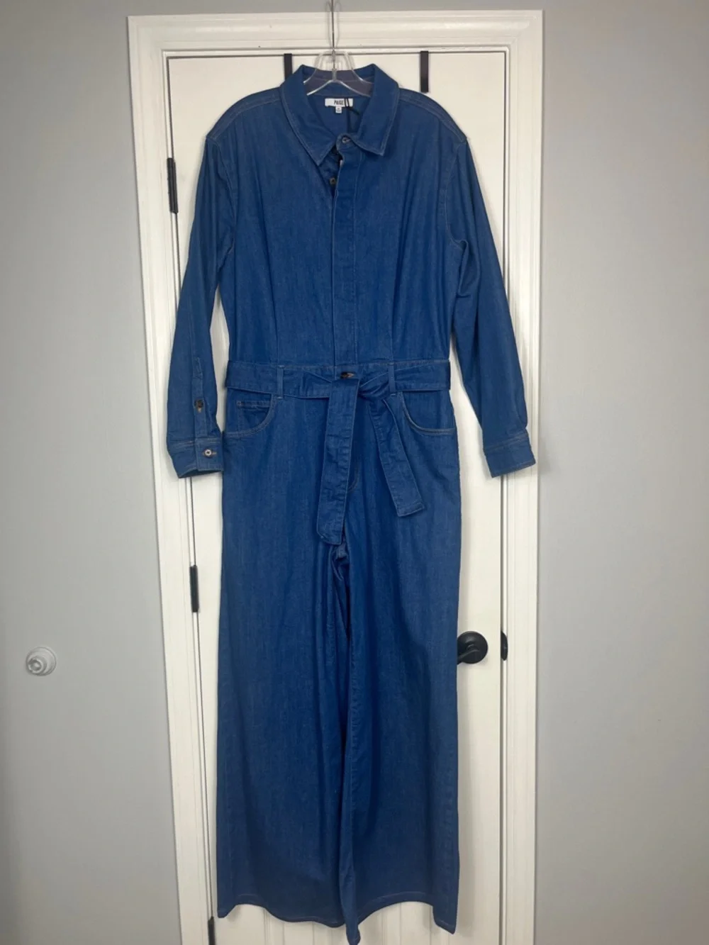 PAIGE Cameron Tie Waist Long Sleeve Wide Leg Denim Jumpsuit
